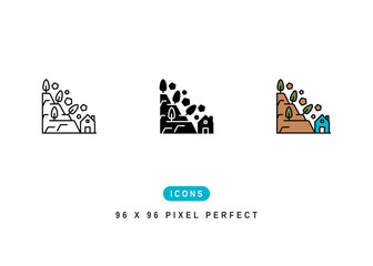 Landslide Icon. Stone Avalanche Fall Pictogram Graphic Illustration. Isolated Simple Line Icon For Infographic, App and Web Button.