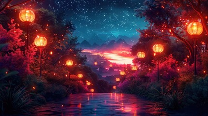 Obraz premium Enchanting night landscape with glowing lanterns, starry sky, and surreal scenery, creating a magical and serene atmosphere.