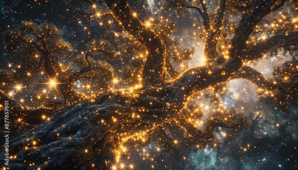 Poster magical tree with glowing lights and a mesmerizing background of stars, creating an enchanting, myst