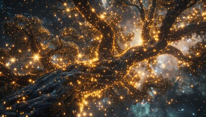 Magical tree with glowing lights and a mesmerizing background of stars, creating an enchanting, mystical atmosphere in the night sky.