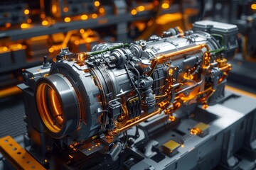 Obraz premium Futuristic industrial equipment with intricate details and glowing lights. Advanced engineering and technology showcased in a modern setting.