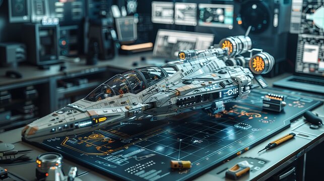 Futuristic Spaceship on a Tech-Filled Desk