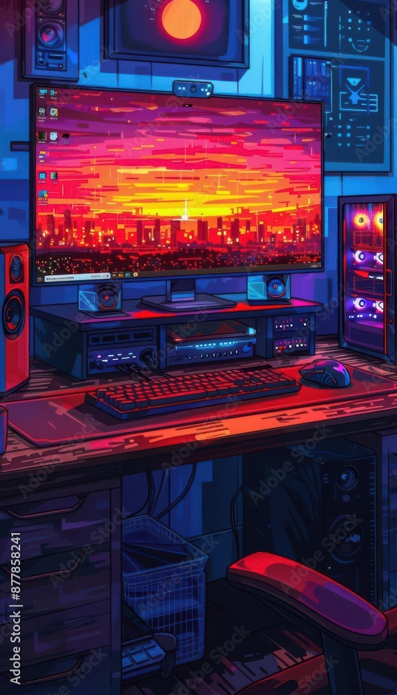Poster futuristic gaming setup with vibrant monitor and rgb lighting that creates an immersive tech atmosph
