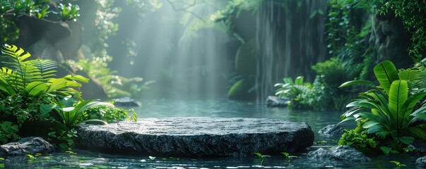 Fototapeta premium Serene tropical rainforest scene with sunlight filtering through lush greenery, illuminating a tranquil waterfall and peaceful pool.