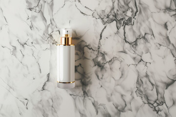 Luxury Cosmetic Plastic Bottle Mockup with Elegant Gold Cap on Marble Background – Premium Packaging Design for High-End Skincare and Beauty Products -- Copy space 