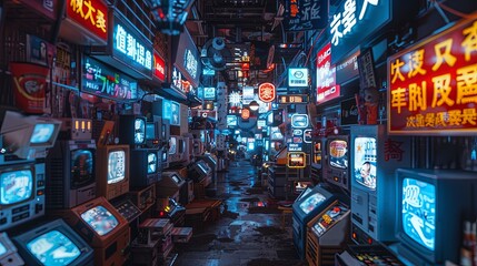 Neon-Lit Retro-Futuristic Alleyway