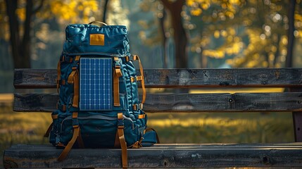 Blue Backpack with Solar Panel on a Wooden Bench