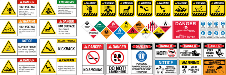 Hazard vector signs, System warning signs, Vector hazardous material signs.