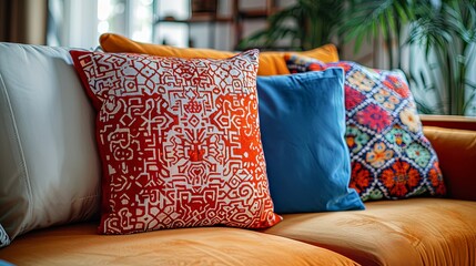 Colorful Pillows on an Orange Couch