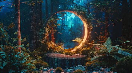 Mystical Forest with Glowing Circle and Tree Stump