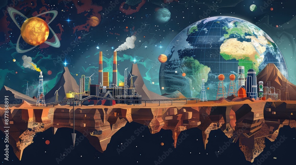 Poster global representation of fossil fuel extraction across different planets, depicting various mining t
