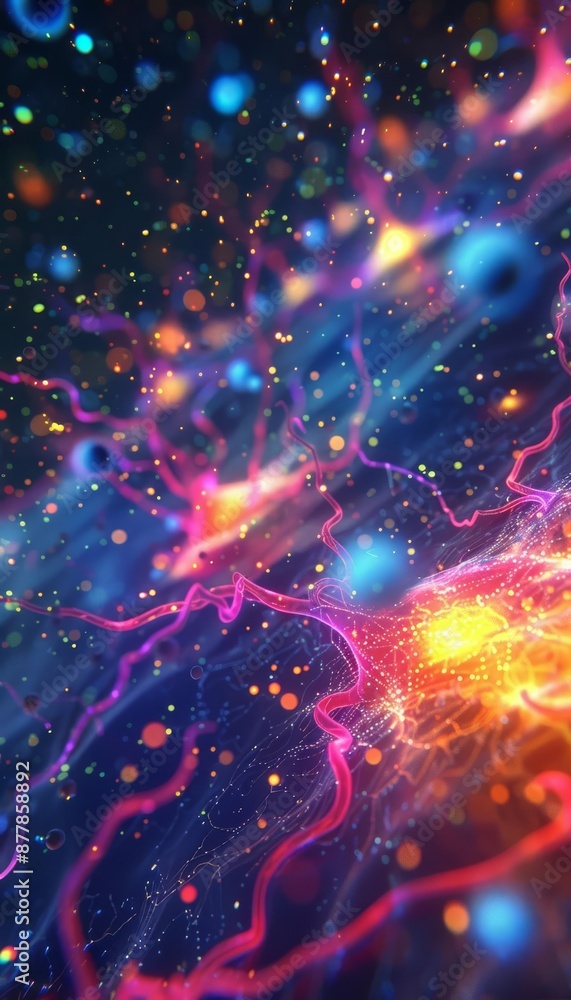 Poster vivid abstract neon lights forming intricate cosmic patterns, creating a mesmerizing interstellar vi