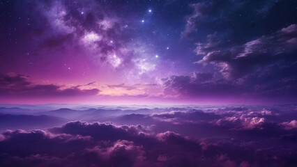 Fototapeta premium Vibrant purple sky above clouds at night creating magical atmosphere