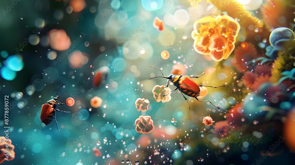 Poster enchanted click beetles floating in a surreal dreamscape with glowing glomeruli