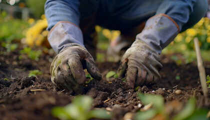 gardener in gloves prepares the soil