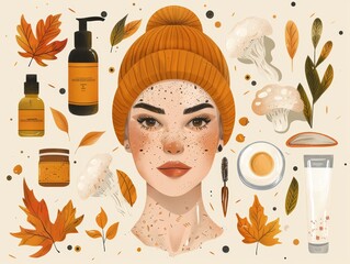 A woman with freckles and autumn leaves, surrounded by skincare products.