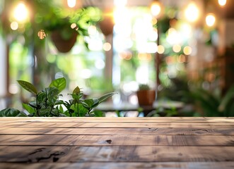 Wooden Table with Natural Light Blurred Background Greenery indoor Space for object