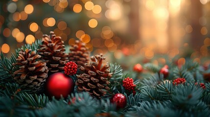 Close-up of pinecones, red ornaments, and evergreen branches with bokeh lights in the background, capturing a festive holiday and Christmas vibe.