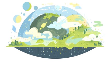 Planet with rainfall and carbon cycle, flat design illustration