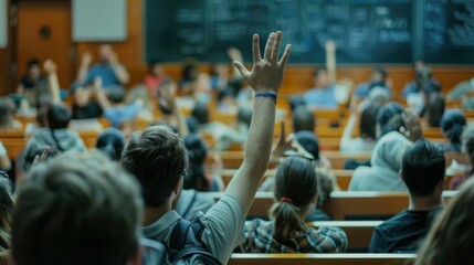 Photos of education and school concepts Focus on American schoolchild studying in class, raising right hand, blurred teacher, blackboard in front of class teacher participation