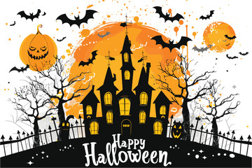 Halloween party background, Halloween background illustration, Happy Halloween banner vector, Happy Halloween typography text, Halloween background with pumpkins, Vector Illustration