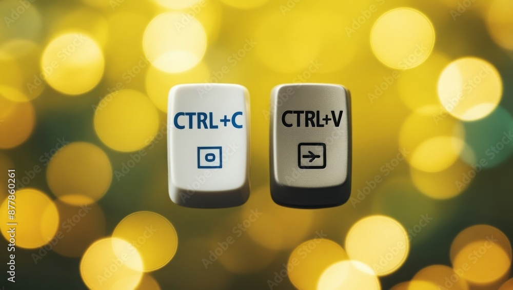 Fototapete keyboard keys ctrl c and ctrl v, copy and paste the key shortcuts on yellow background