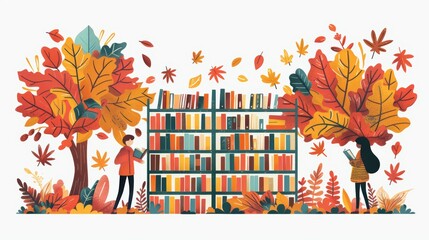 Two people reading books in an autumn library surrounded by colorful leaves.