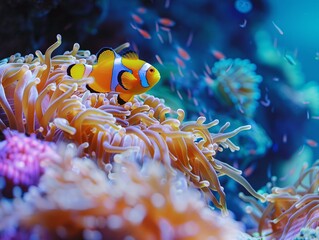 Underwater close-up of a tropical sea anemone and its resident yellow clownfish, their intricate dance of survival and beauty captured amidst a backdrop of colorful reef formations and the deep blue