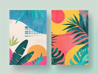 Creative collection of sleek and eye-catching summer design templates for covers, cards, or posters, showcasing minimalist elements with clean lines and vivid colors, ideal for enhancing corporate