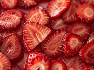 Close-up view of perfectly ripe strawberry halves arranged in a vibrant summer-themed composition, showcasing juicy red flesh and tiny seeds against a soft-focus background