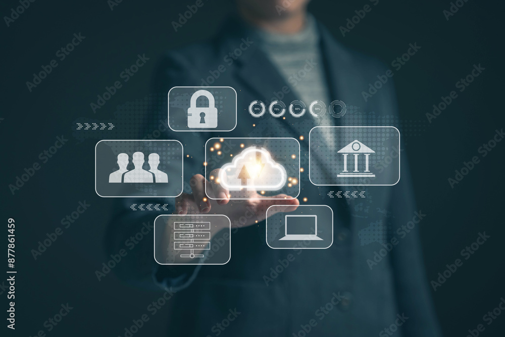 Poster businessman uses a tablet. cloud computing disk is displayed on his hand. cloud technology data stor