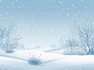 A detailed vector illustration of a flat winter landscape featuring a snowy background with layered snowdrifts and a gentle snowfall under a clear blue sky. The scene includes a mild blizzard effect,