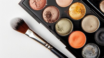 Palette containing eyeshadow and brush isolated on white background for professional makeup