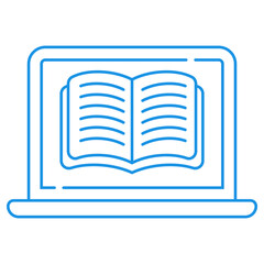 Book with laptop icon with blue linear design. E-book icon 