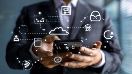 Fototapeta premium Businessman interacting with smart phone showing icons for email, call, address, chat, representing the use of internet technology for customer support, contact us theme