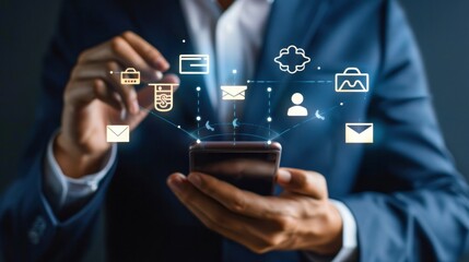 Businessman interacting with smart phone showing icons for email, call, address, chat, representing the use of internet technology for customer support, contact us theme