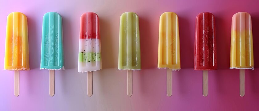 A variety of popsicles against a pastel background flat design top view summer theme cartoon drawing colored pastel