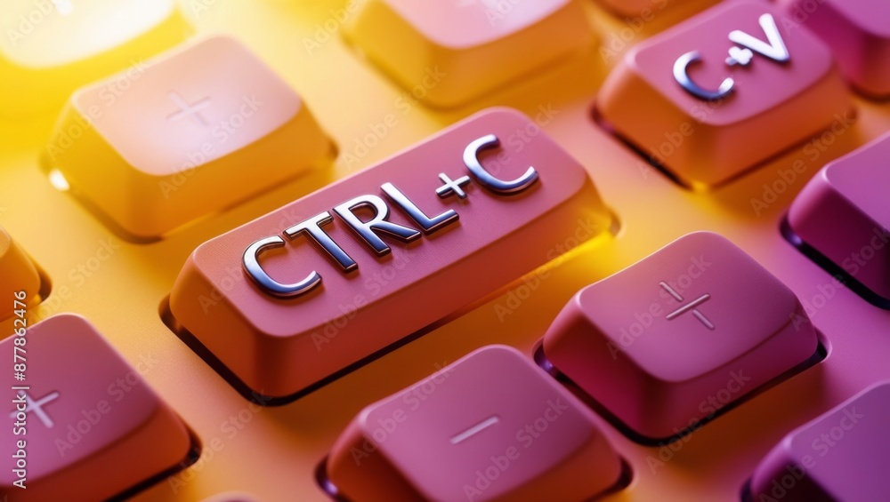 Poster keyboard keys Ctrl C and Ctrl V, copy and paste the key shortcuts on yellow background