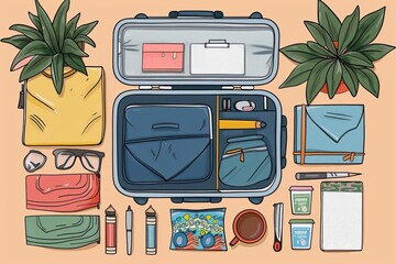 Organized packing suitcase flat design top view travel theme cartoon drawing colored pastel