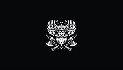 Fierce Viking Head Logo Design - Two Crossed Axes, wings, Strong, Modern Branding