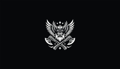 Fierce Viking Head Logo Design - Two Crossed Axes, wings, helmet, Strong, Modern Branding