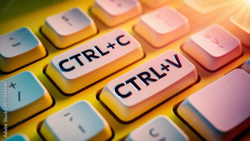 Poster keyboard keys Ctrl C and Ctrl V, copy and paste the key shortcuts on yellow background