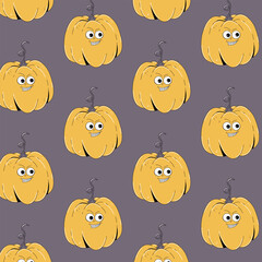 Colorful seamless pattern on Happy Halloween theme. Retro groovy character yellow pumpkin with creepy and skary face. Contemporary vector illustration on gray background.