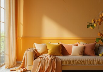Interior design palette in Peach Fuzz color for the home decoration industry, highlighting a serene living room setting
