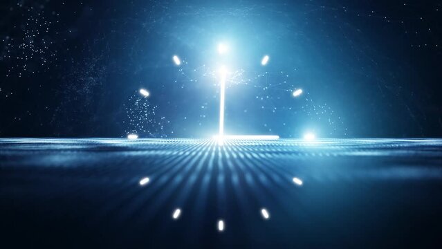 Futuristic analog clock in flickering digital tech cyberspace loop animation. Concept technology time.