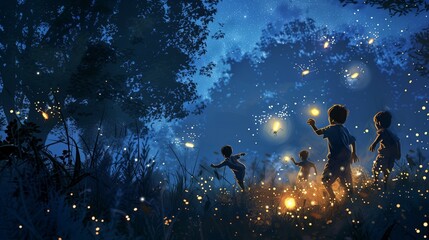 Obraz premium Children chase fireflies on a warm summer night, their laughter echoing. Cherishing the glowing memories.