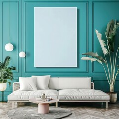 Living Room Wall Mockup: Blank Canvas, Aqua Plant Theme, Minimalist Interior Design Visualization