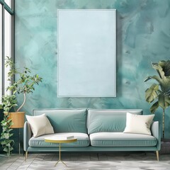 Aqua-Colored Wall Mockup: Blank Canvas in Living Room, Stylish Plant Decor, Modern Home Setting