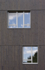 Modern architecture façade made of glass and dark wood frontal view