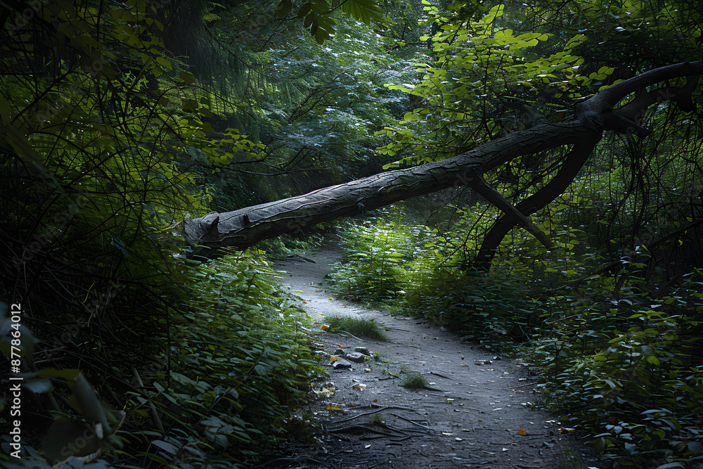 Poster a fallen tree branch blocking a pathway